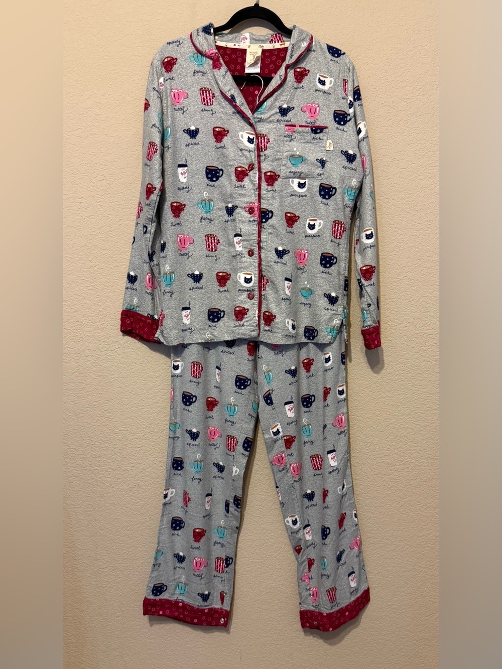 Munki Munki Pajama Set Womens Sz S Coffee Cotton Pants Button‎ Shirt Flannel Pjs
